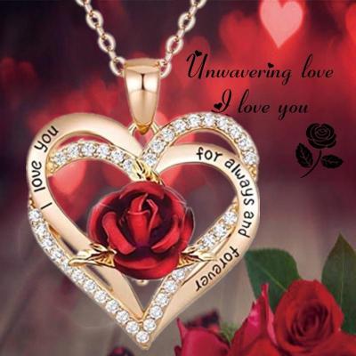 China Elegant Vintage Gold Letter Diamond Necklace Heart Shaped Exquisite Romantic Pendant with Rose Elegant Temperament for sale