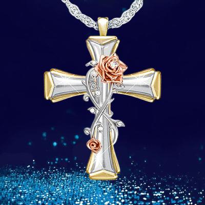 China Vintage Gold and Silver Exquisite Romantic Pendant, Elegant Lady Religious Belief Pendant Cross Rose Necklace for sale