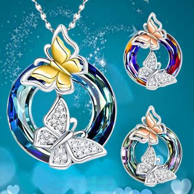 China Austrian Fashionable and Graceful Vintage Round Gemstone Girl Couples Colorful Crystal Necklace Silver Butterfly Pendant for sale