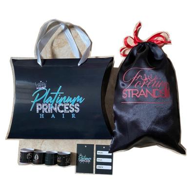 China Cosmetic Jewelry Gift Candy Hair Extensions Packaging Bag Silk Bags Black Satin 29 Extension Hair Silk Bag With Custom Logo & Tag & Sticker for sale