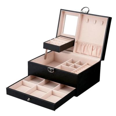 China Hot Sale Leather White Leather Jewelry Box With Drawers And Small Mirror Jewelry Storage Box for sale