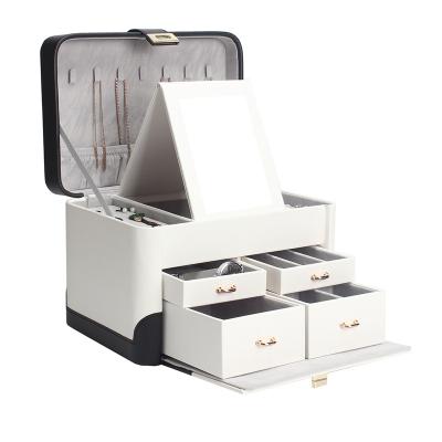 China Running White And Black Leather Jewelry Drawers Storage Box With Big Mirror for sale