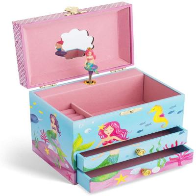 China New Design Ballerina Mermaid Musical Pink Musical Jewelry Box Hot Sale Fiberboard Children Kids Gift Wooden Jewelry Box for sale