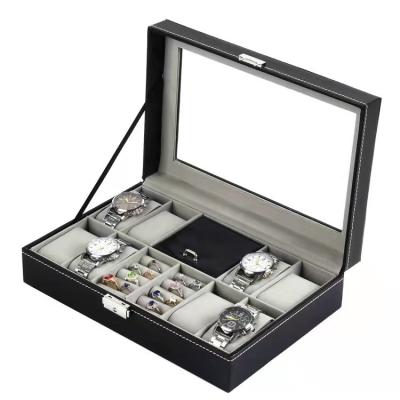 China Custom Leather Logo 8 High Quality Leather Jewelry Box And Watch Box Black Color Slots With Glass for sale