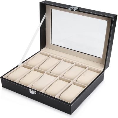 China High Quality Leather Velvet PU Leather 10 Slots Watch Boxes And Luxury Black Watches Case Box For Storage Watches for sale