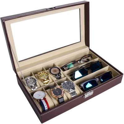 China High Quality Leather Velvet 6 Slots Watch Box With Sunglass Compartment Black Watch Case for sale