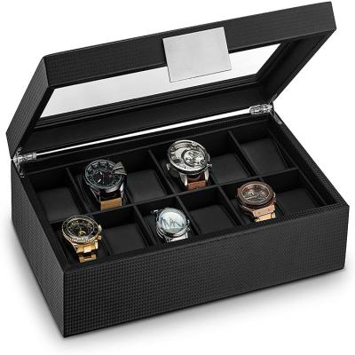 China High Quality Carbon Fiber 12 Slots Leather Watch Boxes With PU Leather Cushions And Black Watches Case Display for sale