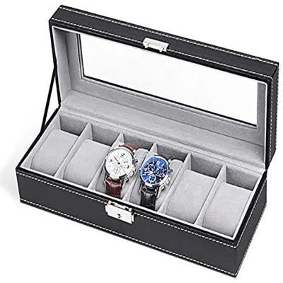 China High Quality Luxury Leather Velvet PU Leather 6 Slot Watch Boxes And Luxury Black Watch Case for sale