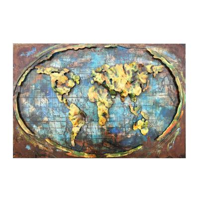 China 100% Handmade Wholesale Custom Framed Oil Paintings Retro World Map Metal Wall Decor for sale