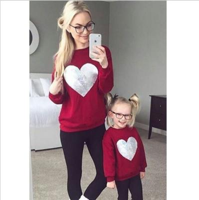 China 2021 solid color heart pattern QUICK DRY mommy and me sequined parent-child outfits o-neck long sleeve sweater for sale