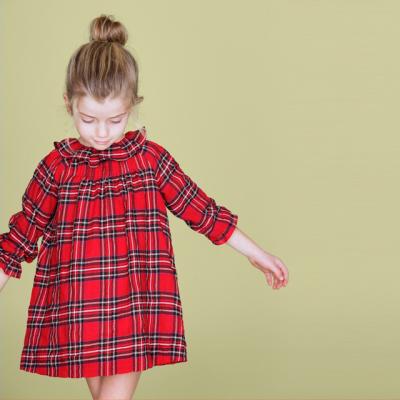 China Breathable Autumn Plaid Ruffle Princess Infant Clothing Kids Red Bridesmaid Dresses for sale