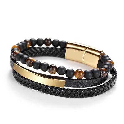 China Tiger Eye Lava Men Natural Black Genuine Leather Bracelet Stainless Steel Punk Magnetic Clasp Bead Stone Cuff for sale