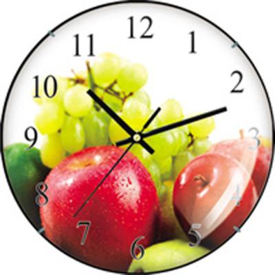 China Cartoon 12 inch kitchen home decorative hot sale fruit gift popped plastic and glass wall clock for sale