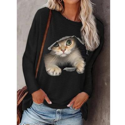 China Anti-pilling Fashion Women Round Neck 3D Print Pullover Cat Loose Long Sleeve T-shirt for sale