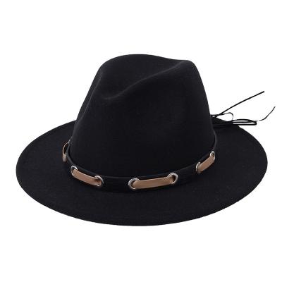 China Gentleman Style New Autumn Winter Men's And Women's Warm Wool Top Hat With Straps Wide Brim Panama Hat Solid Color Felted Hats for sale