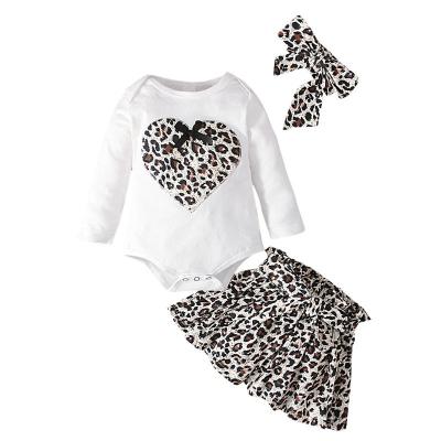 China Breathable Wholesale Breathable Leopard Print Long Sleeve Romper 3 Piece Girls Boutique Skirt Clothes Infant Baby Clothing Sets for sale