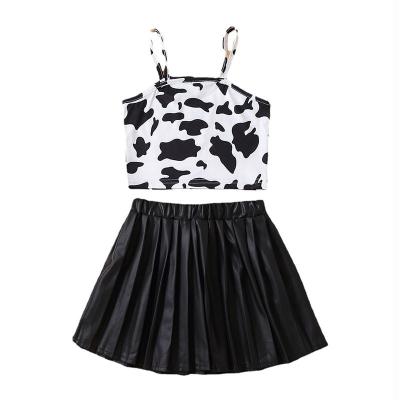 China 2022 Summer RTS Rocket Sleeveless Top Leather Skirts Kids Breathable Cow Print Clothes Fashion Girls Outfits Sets for sale