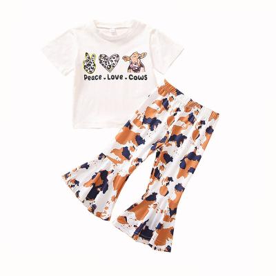 China 2022 hot-selling girls' clothing breathable short sleeve graphic print top cows flared pants kids summer clothing sets for sale