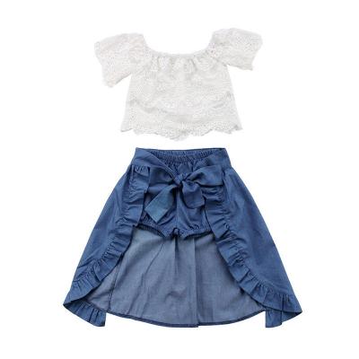 China RTS breathable white lace top denim shorts denim skirt kids boutique clothes summer girls clothing wholesale for sale