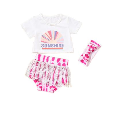 China Breathable Wholesale Summer Sun Graphic 3 Piece Infant Baby Clothes Cotton Tops Bloomers Girls Shorts Sets for sale