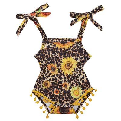 China Summer Sleeveless Cute Beach Leopard Print Sunflower Sunflower Print RTS Baby Onesie Newborn Baby Onesie Rompers with Pom Poms for sale