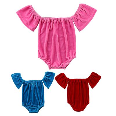 China Fashion Soft Velvet Off Shoulder Baby Rompers Infant Short Sleeve Onesie Cute Newborn Jumpsuits Clothes for sale