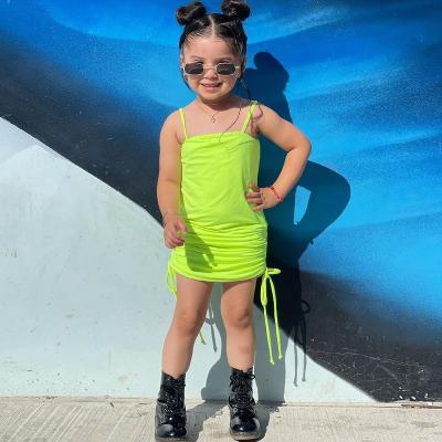 China 2022 New Summer Babies Drawstring Dress Breathable Wholesale Neon Green Ins Fashion Kids Dress for sale