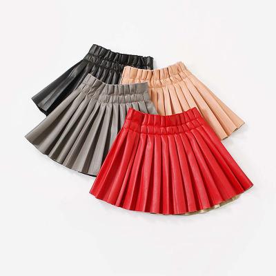 China Wholesale Fashion Breathable PU Fabric Half Pleated Young Girls Skirt Leather Kids Skirts for sale