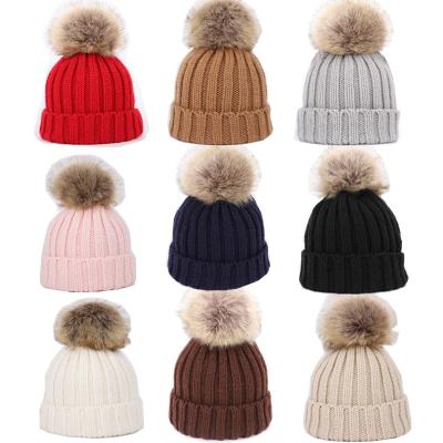 China Daily Life RTS Fur Pom Puffy Poms Kids Winter Beanie Wool Knitted Kids Hats for sale