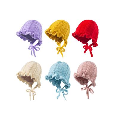 China RTS Fashion Candy Color Cute Kids Knitted Hats Ruffle Winter Baby Warm Trendy Newborn Hats for sale