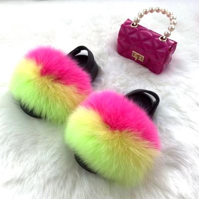 China Hot Selling Trend Fashion Kid Fashion Colorful Soft Design Children Little Girls Fur Casual Flat Slippers With Purse for sale