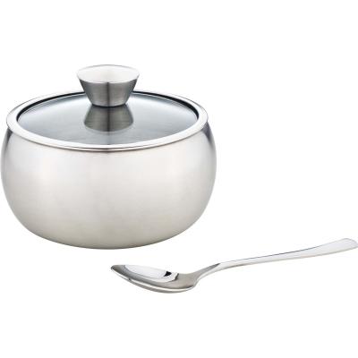 China Steamable High Quality 201# Satin Finished Single Wall Sugar Bowl With Lid 460ml With Glass Lid With Straight Shape for sale