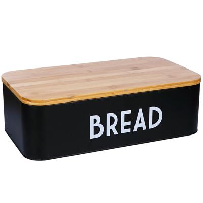 China Large Capacity Black Sustainable Retangular Shape Kitchen Storage Metal Bread Bin Bin With Bamboo Lid for sale