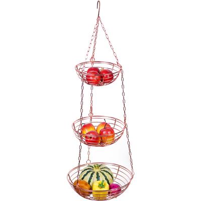 China New Arrival 3 Tier Rose Gold Finish Metal Wire Mesh Hanging Fruit Basket for sale