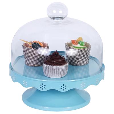 China Sustainable Decorative Metal Cake Stand Cupcakes Server With Glass Dome Cover for sale