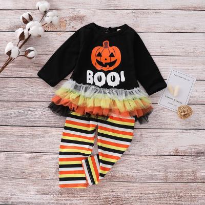 China Autumn and winter baby pumpkin mesh lace Halloween long-sleeved blouse cotton striped two-piece costume for sale