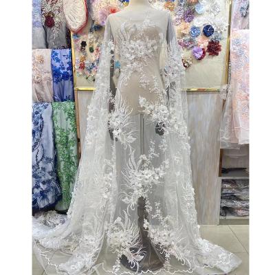 China Viable New Arrival French Net Lace Fabric Embroidery Beaded Lace With 3D Flowers For Wedding for sale