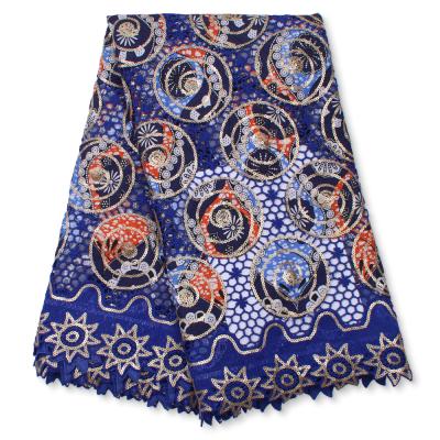 China Viable Embroidery Wax Sequin Lace African Royal Blue Guipure Cord Lace Fabric With Sequins High Quality Nigeria Mesh Lace XZ4215B for sale