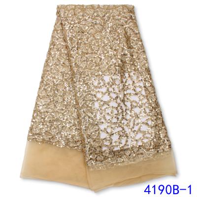 China Sustainable Luxury Handmade Gold Beaded Lace African Lace Fabric Embroidery Beaded Nigerian Lace Fabric Tulle Fabric For Wedding XZ4190B for sale