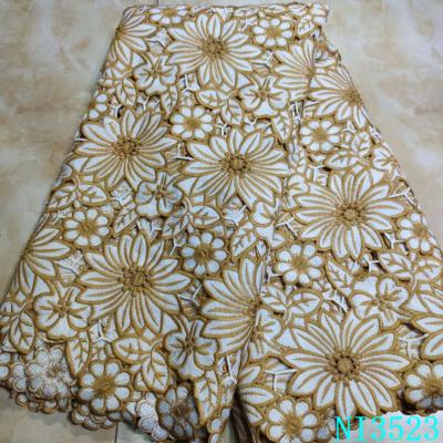 China Viable 100 Yellow High Quality Cotton Lace Fabric Rope Fabrics With Rhinestone Flower Affordable Organic Cotton Lace Fabric NI3523 for sale