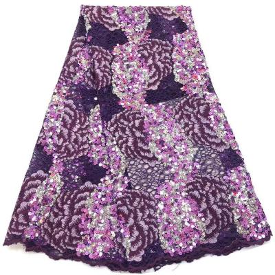 China Viable 2020 New Design Organza Flower Embroidery Sequins Lace Fabric African Purple Voile Lace Fabric for sale