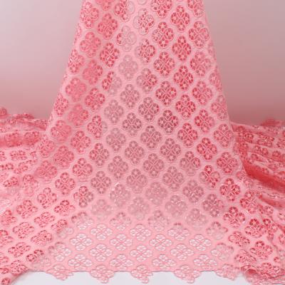 China Viable pink african cord lace embroidery cotton guipure lace up fabrics with stones nigerian lace fabric for wedding dress XZ4273 for sale