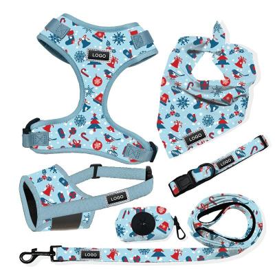 China Custom Dogs Free Sample Brand Pattern Printed For Gear No Noise Bag Dog Harness Pull Collar Leash Bandana Set With Low MOQ for sale