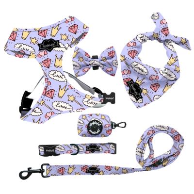 China Dogs Fashion Soft Comfortable Neoprene Custom Print Dog Harness Dog Collar Back Adjustable Bow Tie For Dog for sale