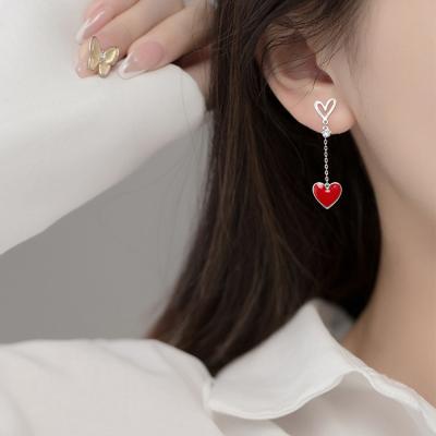 China TRENDY Simple and Sweet Love Red Heart Asymmetry Earring Peach Dangling Earrings for Women for sale