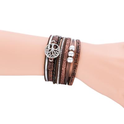 China Eco-friendly Bracelet Leather Multilayer Tree Shape Natural Pearl Magnetic Clasp Bracelet For Women for sale