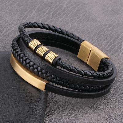 China Men's Eco-friendly Multilayer Bracelet Stainless Steel Leather Rope Clasp Simple Woven Magnetic Bracelet for sale