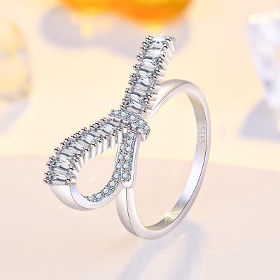 China Silver Finger Ring Inlaid Zircon Bowknot Shape Ring For Women Open Arc New Design High Quality for sale