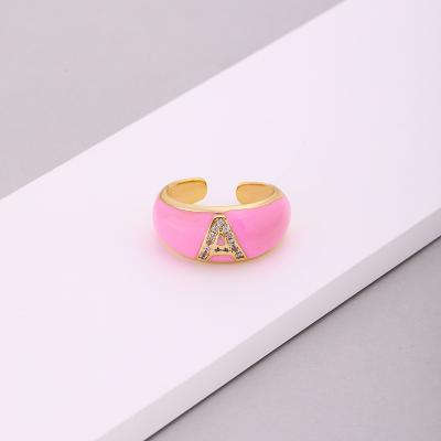 China New Designs High Quality Multicolor Gold Plated Enamel Zircon Ring Open Initial Letter Ring For Women for sale