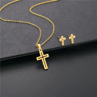 China FASHIONABLE High End Hollow Necklace Cross Dangle Earrings Set Stainless Steel Cross Necklace Earrings Jewelry Set for sale